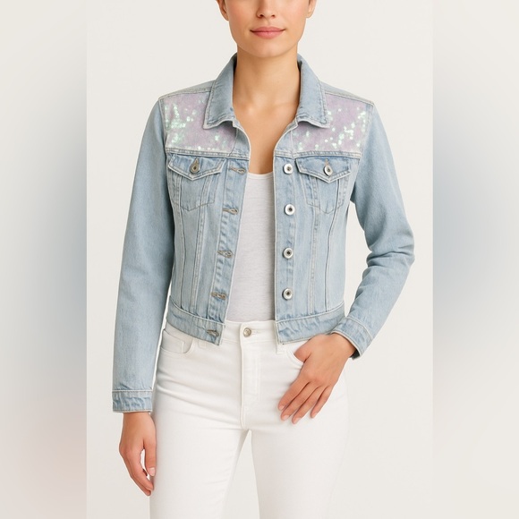 Sunset & Spring “Mermaid” Light Wash Sequin Denim Jacket, Size XS - Picture 1 of 13